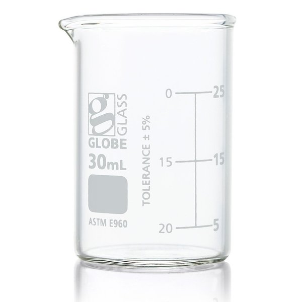 Globe Scientific Beaker, Globe Glass, 30mL, Low Form Griffin Style, Dual Graduations, ASTM E960, 12/Box, 12PK 8010030